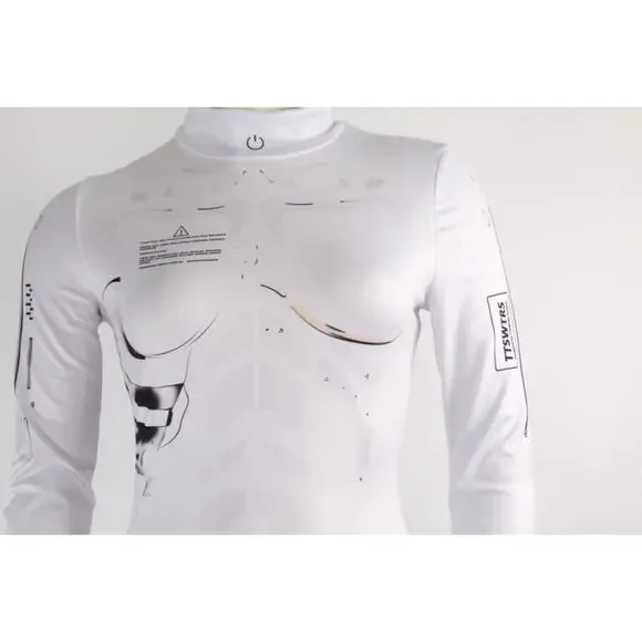 White Robotic Stretch Jumpsuit Tattoo Cyberpunk Longe Sleeve Bodysuit Size XS - Picture 6 of 14